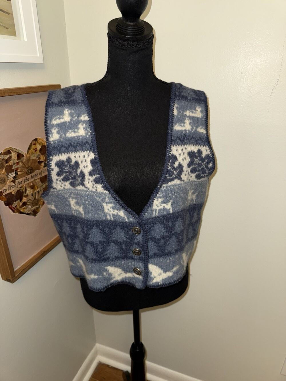 REI Vintage Sweater Vest Deer Goose Oak Leaf Blue Knit Size Large Wool